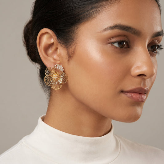 Gold Filigree Flower Statement Stud Earrings