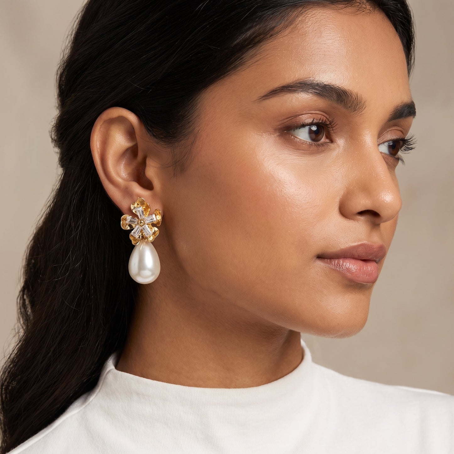 Floral Baguette Pearl Drop Earrings
