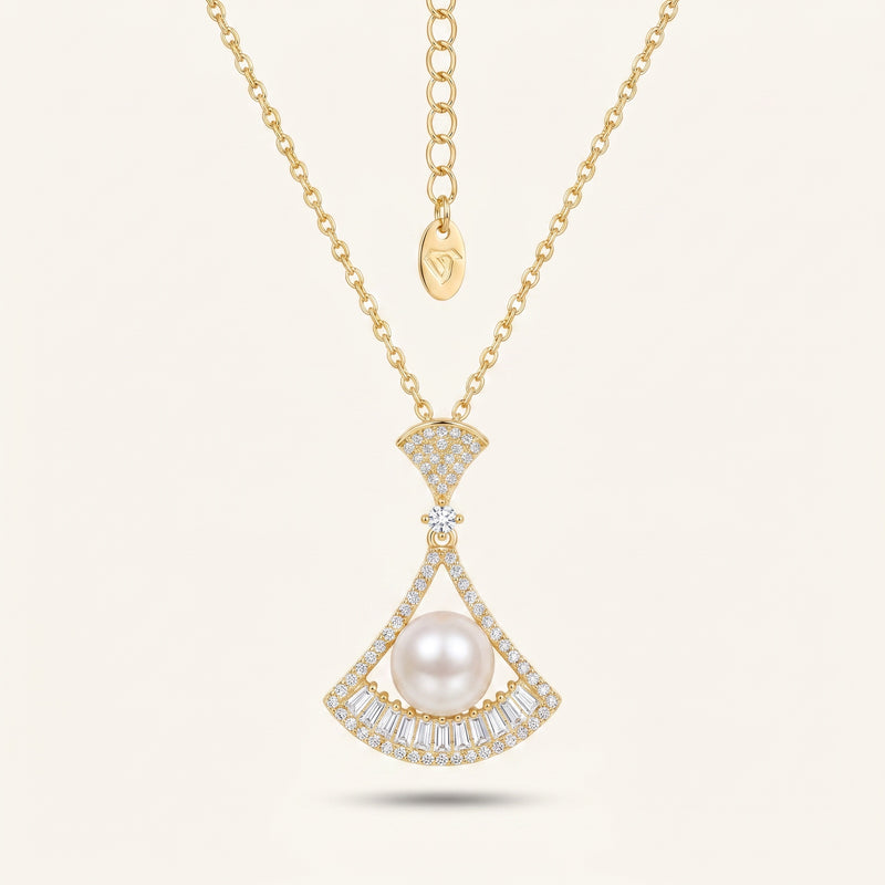 Pearl Art-Deco Fan Gold Necklace