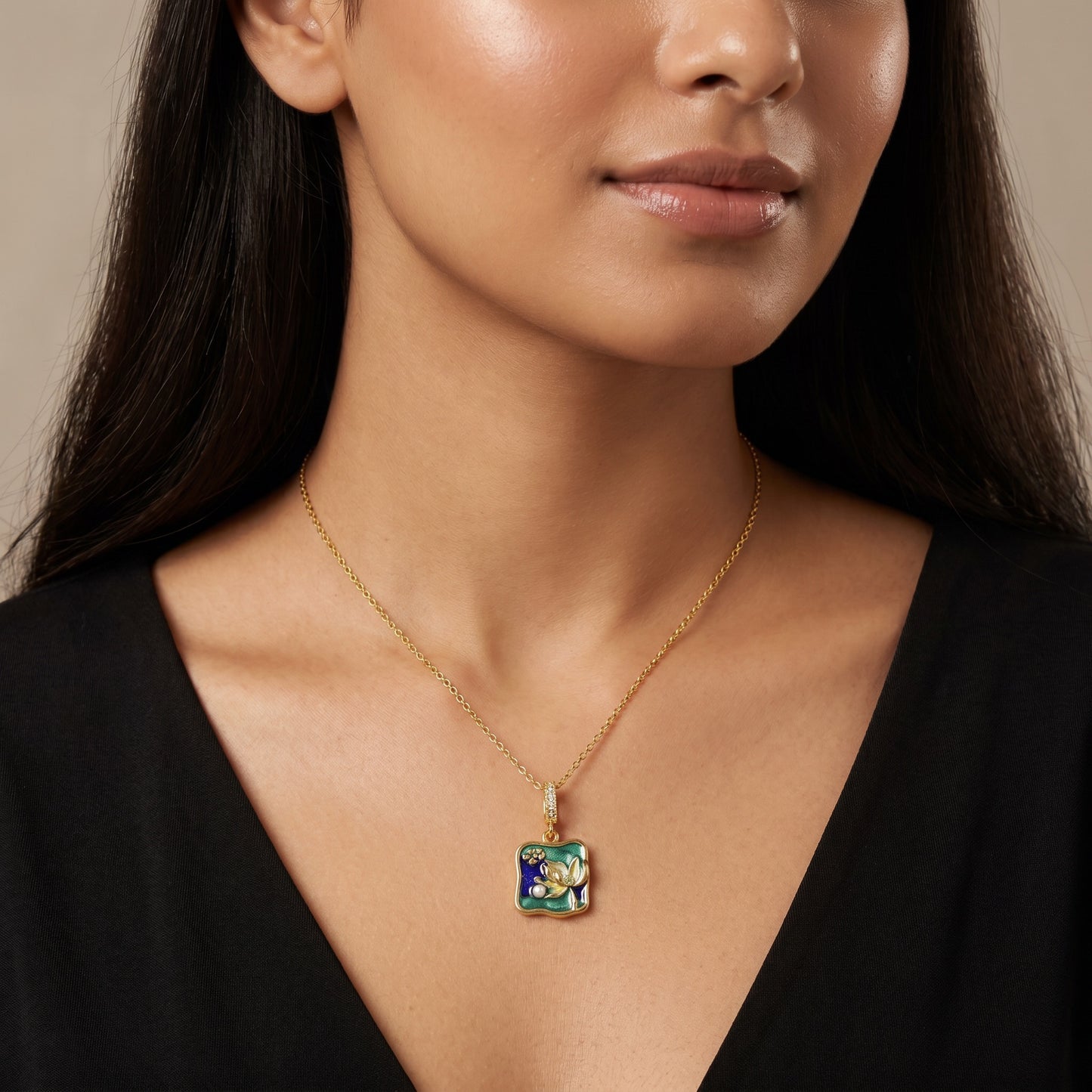 Enamel Lotus Pond Pendant Necklace
