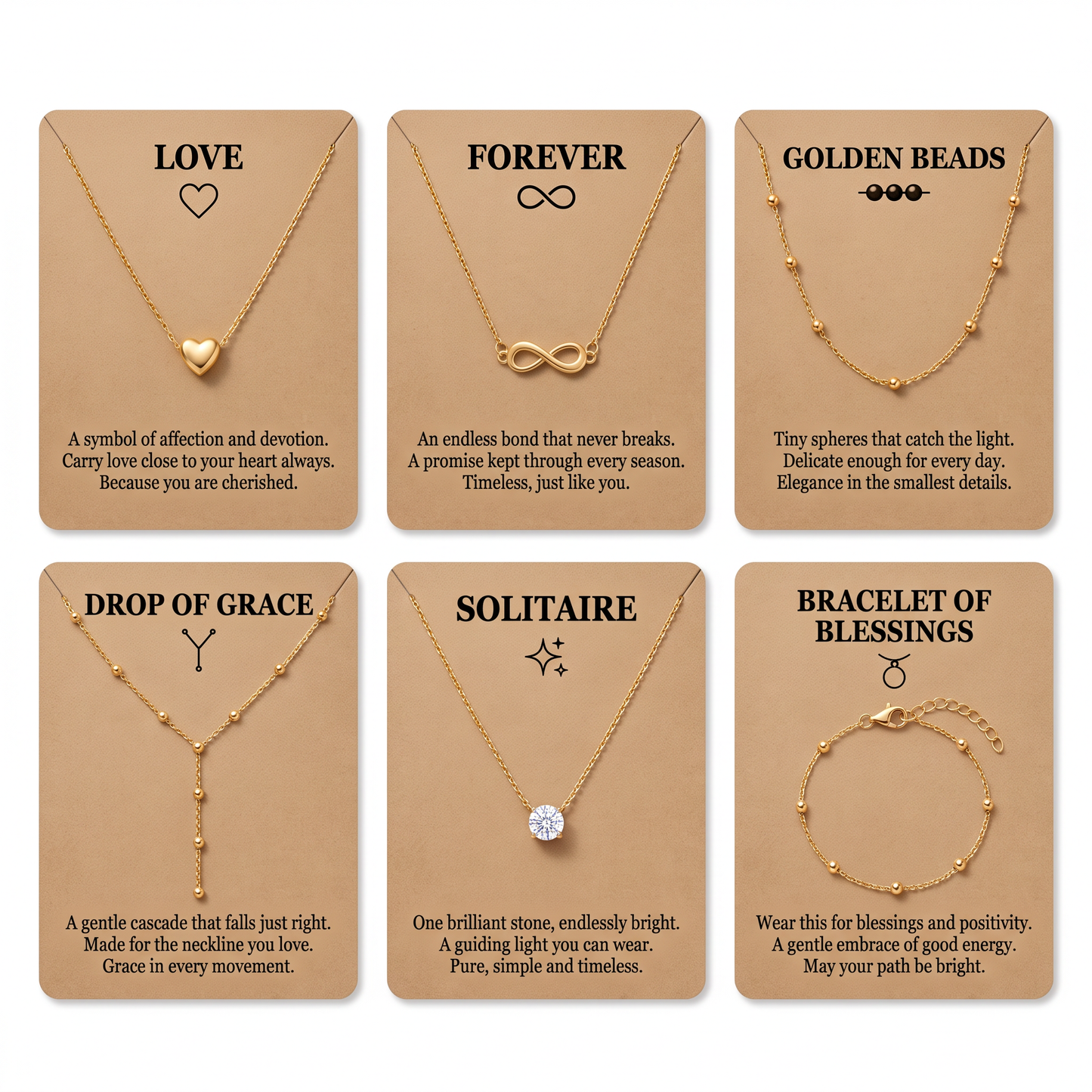 Gold Plated Necklace & Bracelet Combo Set of 6 – Heart, Infinity, Solitaire, Lariat & Beaded |Jewelry
