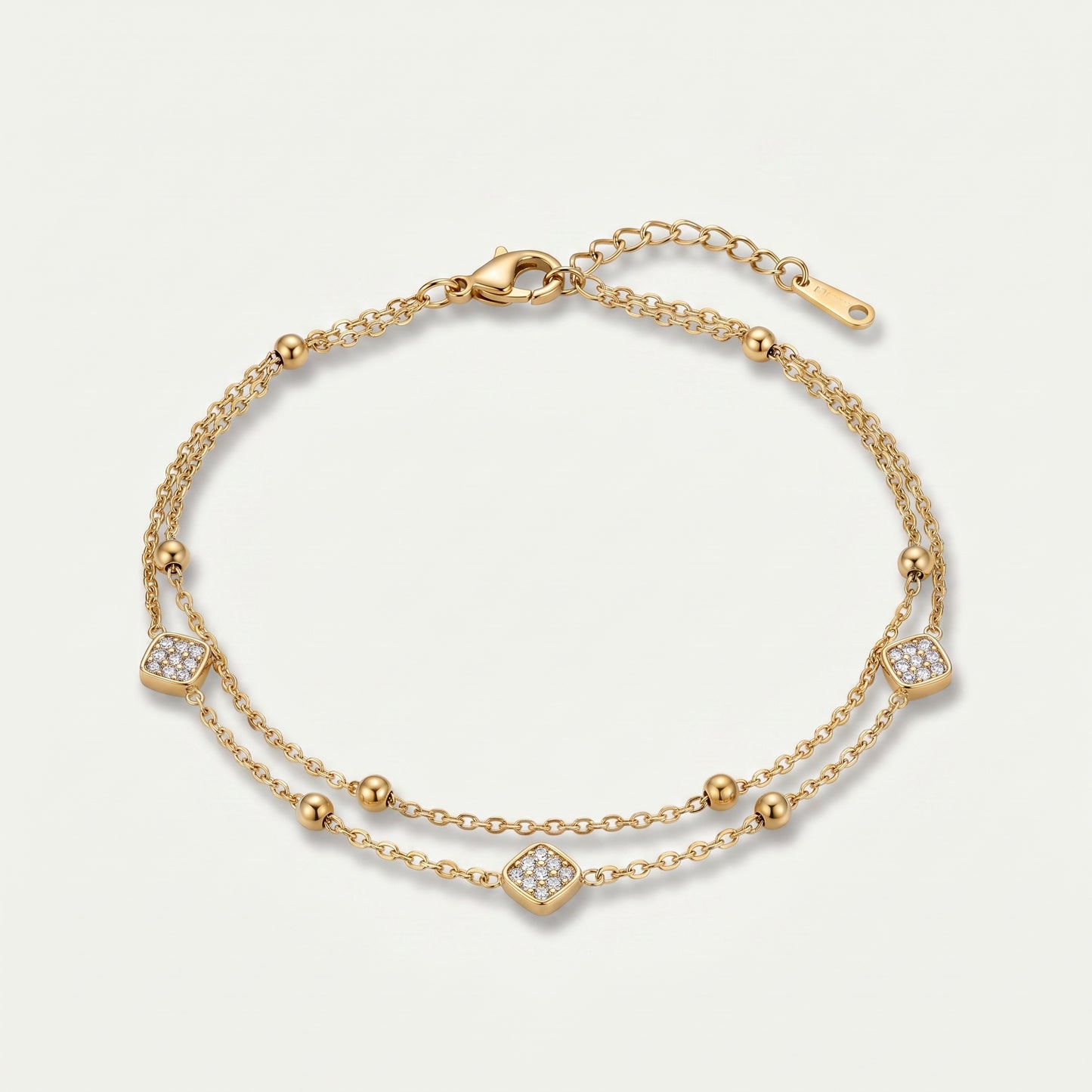 Pave CZ Cushion Station Double-Chain Anklet