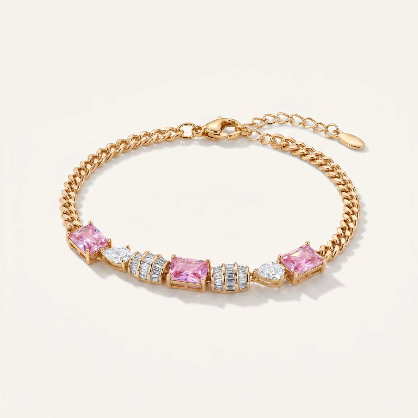 Pink CZ Emerald-Cut Curb Chain Bracelet