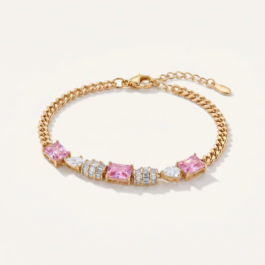 Pink CZ Emerald-Cut Curb Chain Bracelet
