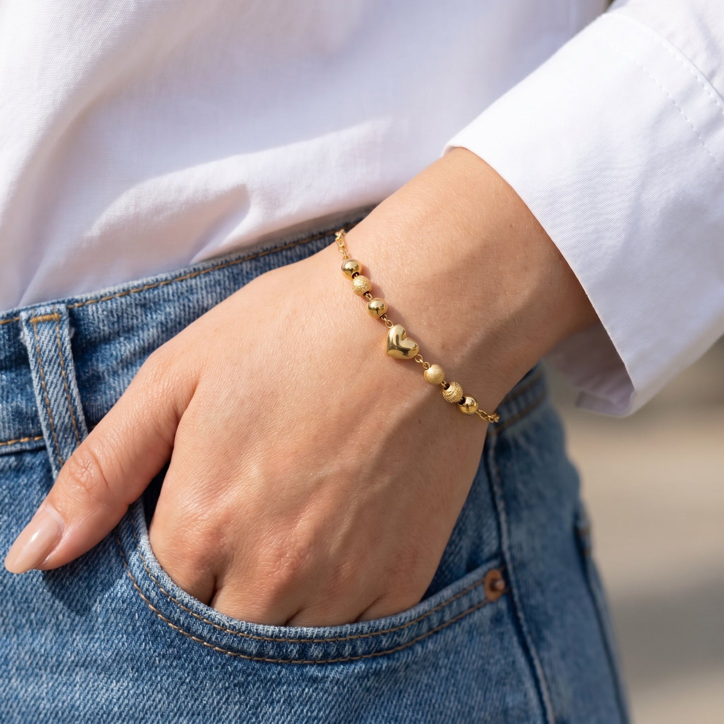 Gold Bead & Heart Charm Bracelet