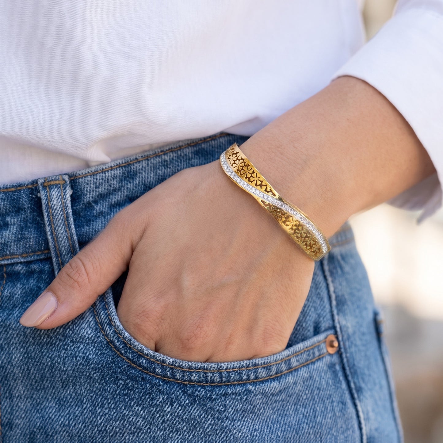 Floral Openwork CZ Wave Bangle