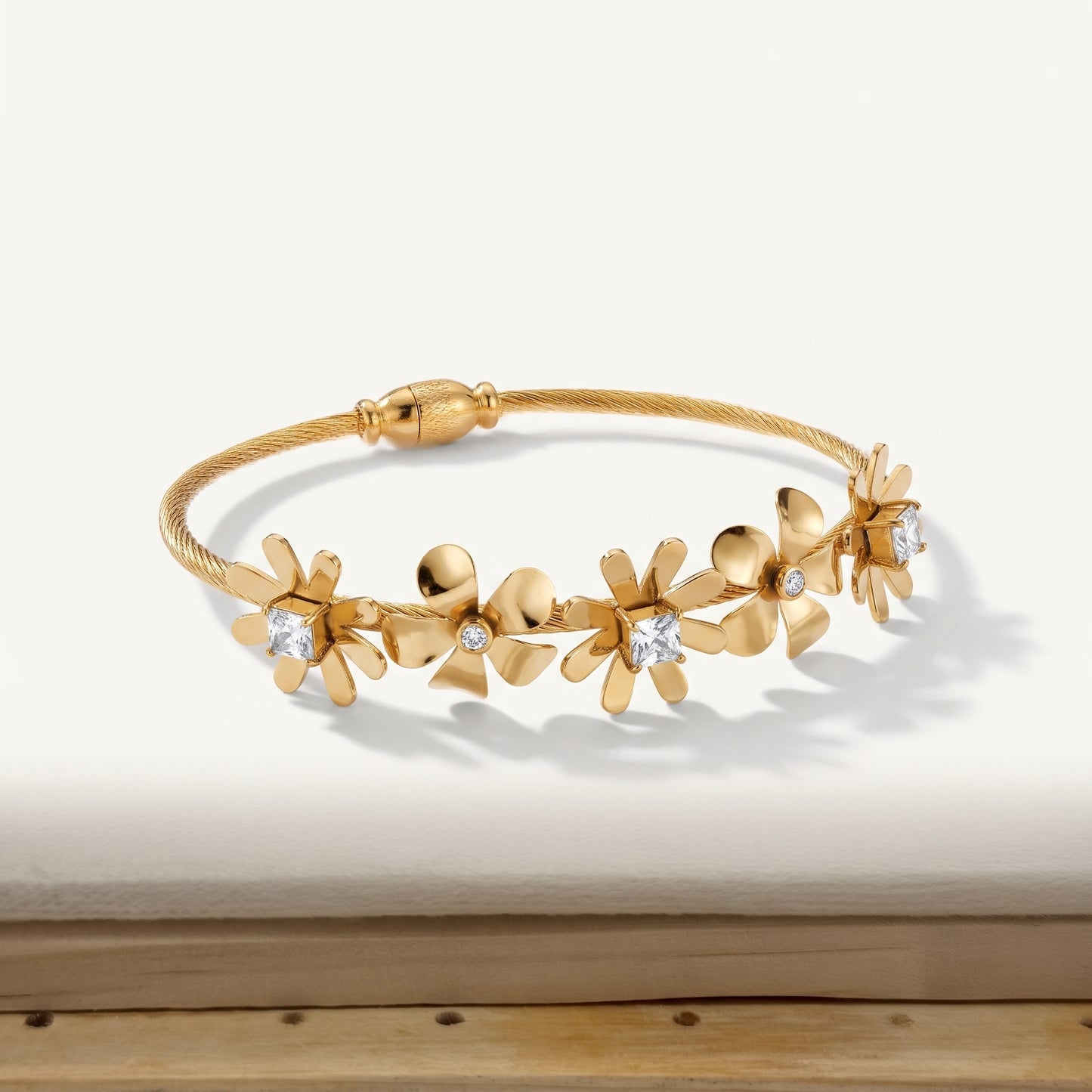 Gold Flower & Princess CZ Cable Cuff