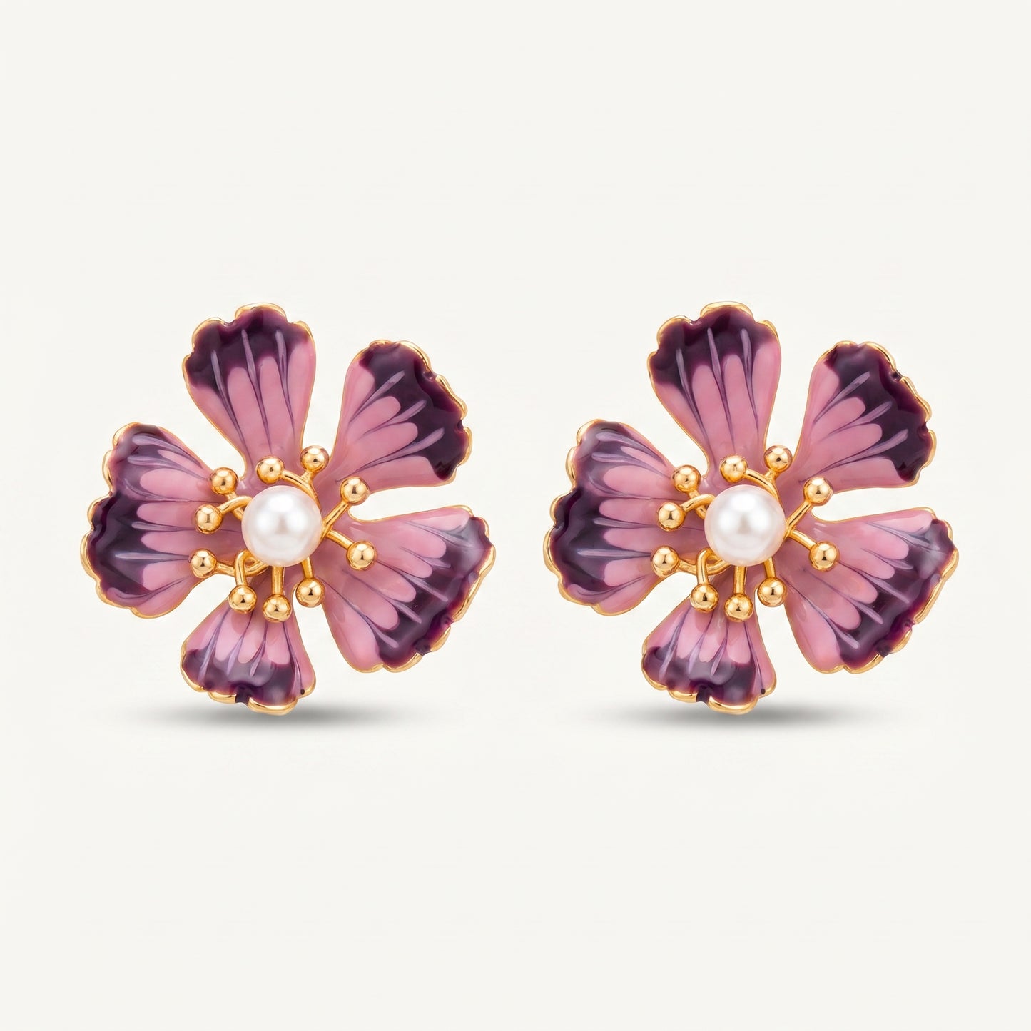 Purple Enamel Pansy Pearl Stud Earrings