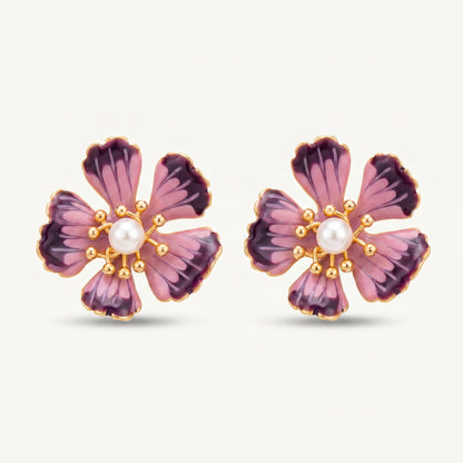 Purple Enamel Pansy Pearl Stud Earrings