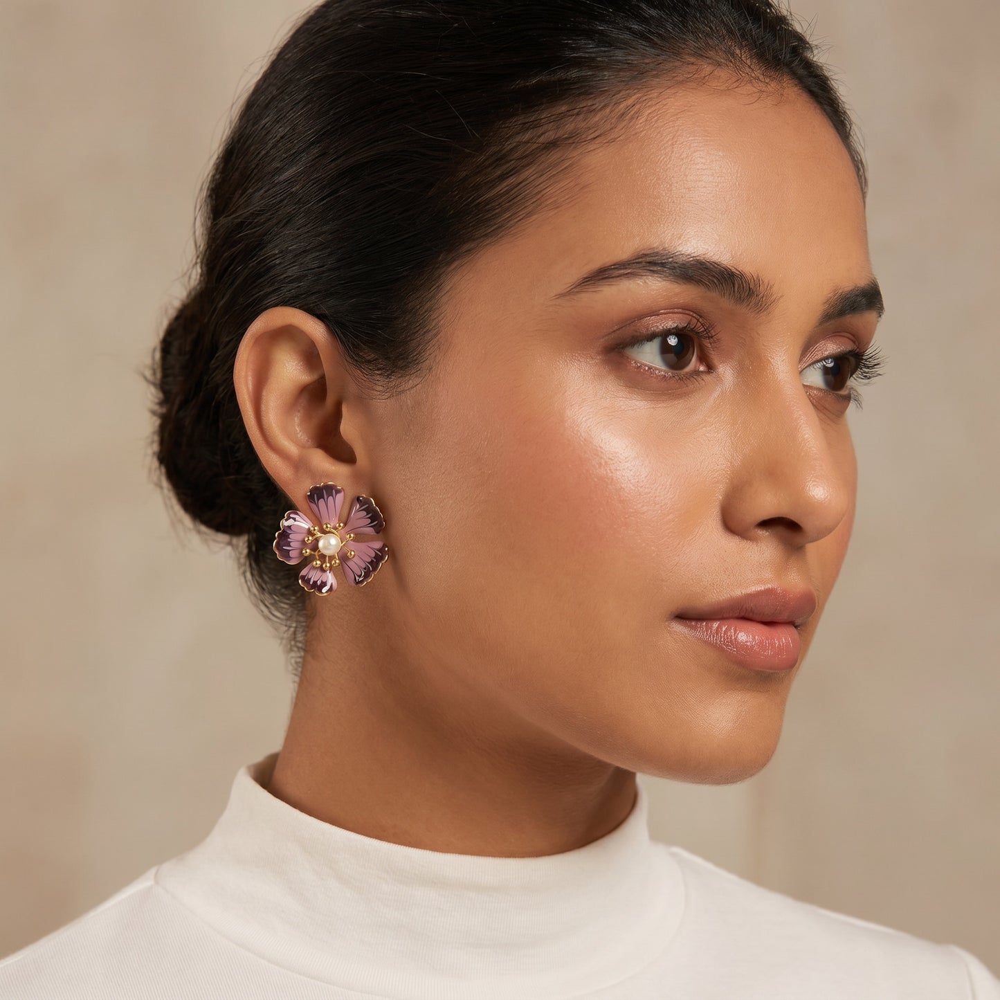 Purple Enamel Pansy Pearl Stud Earrings