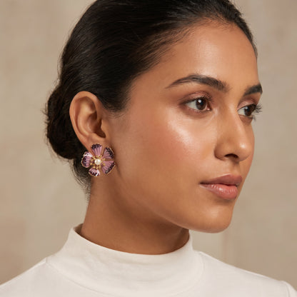 Purple Enamel Pansy Pearl Stud Earrings