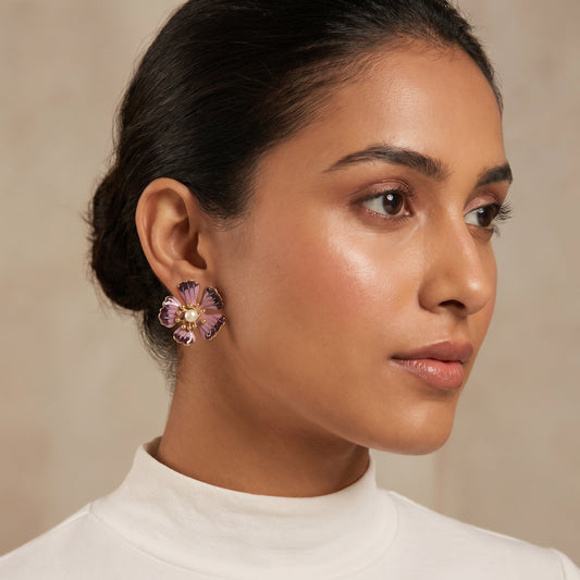 Purple Enamel Pansy Pearl Stud Earrings