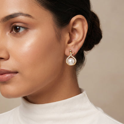 Pearl & CZ Ribbon Drop Earrings