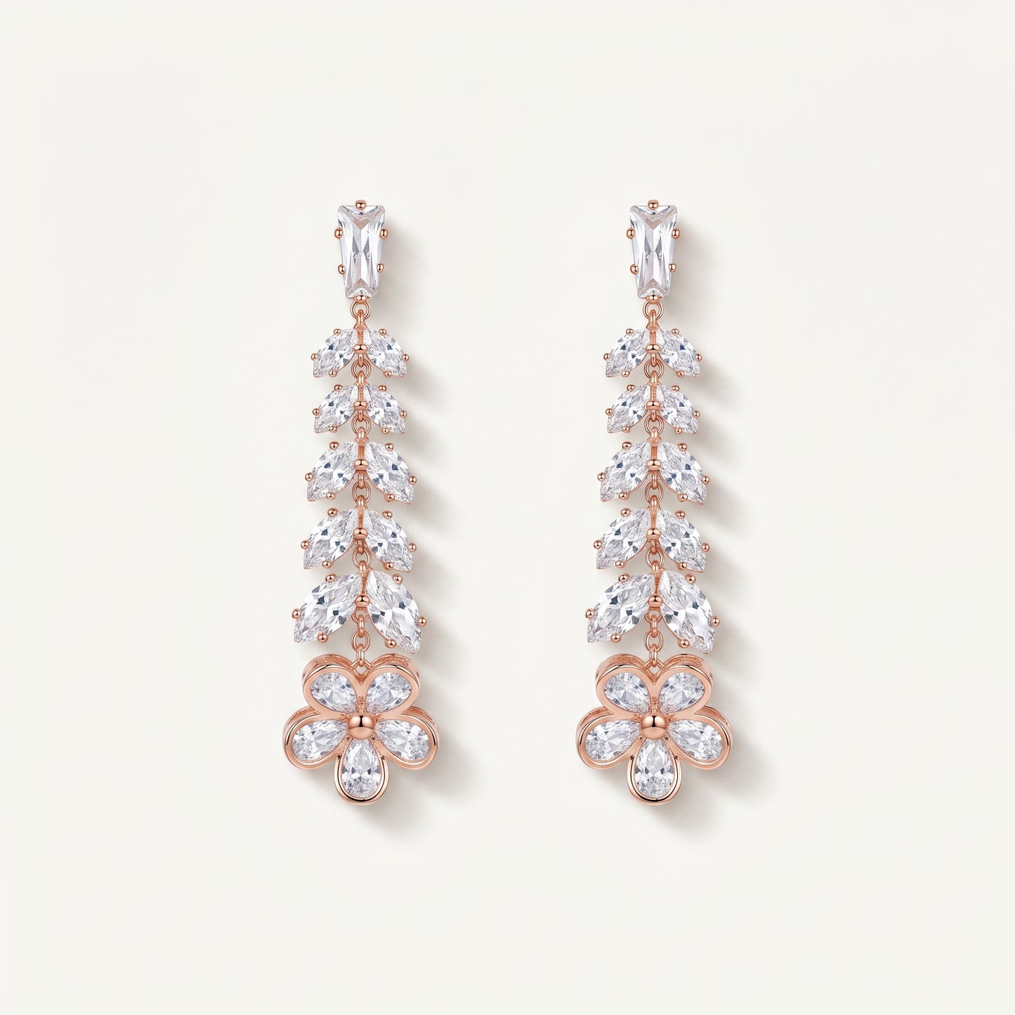 Rose Gold CZ Leaf Vine Drop Earrings