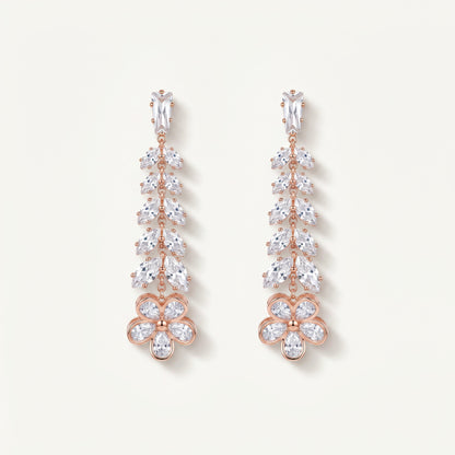 Rose Gold CZ Leaf Vine Drop Earrings