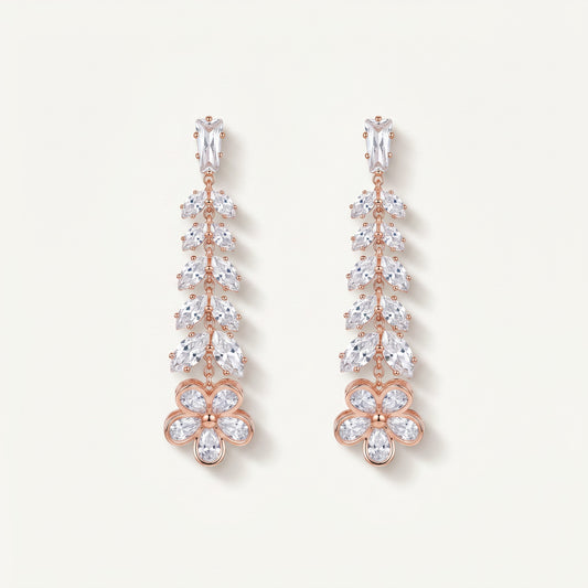Rose Gold CZ Leaf Vine Drop Earrings