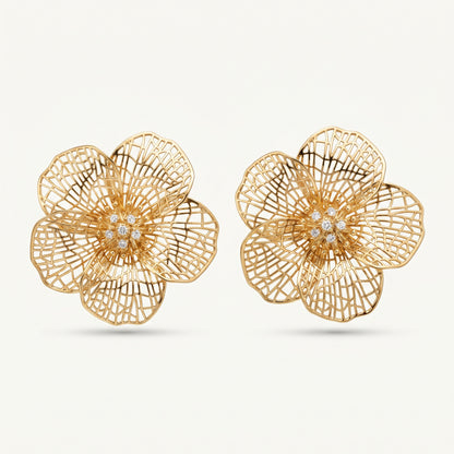 Gold Filigree Flower Statement Stud Earrings