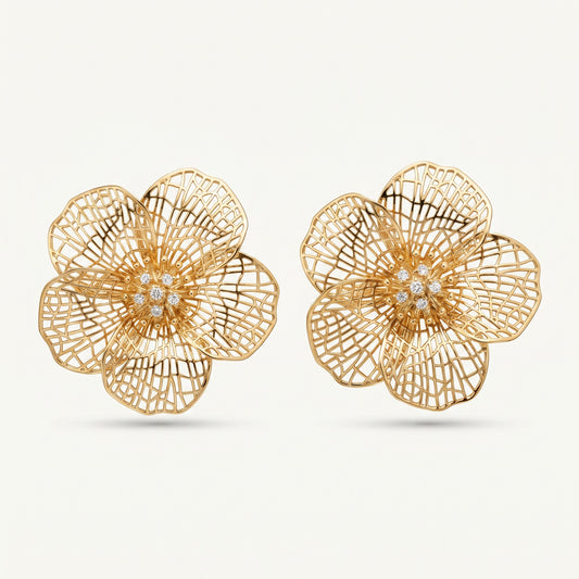 Gold Filigree Flower Statement Stud Earrings