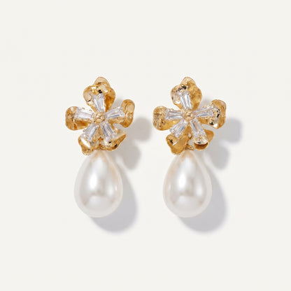 Floral Baguette Pearl Drop Earrings