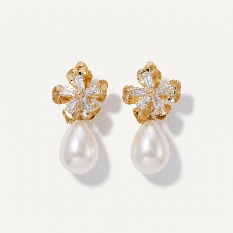 Floral Baguette Pearl Drop Earrings