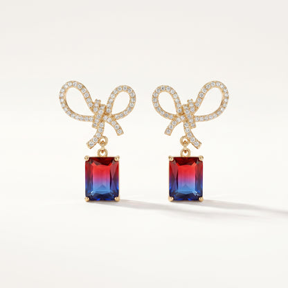 CZ Bow Ruby-Sapphire Gradient Drop Earrings