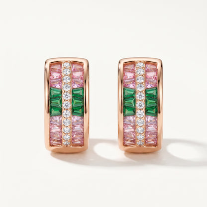 Rose Gold Pink & Green Baguette Huggie Earrings