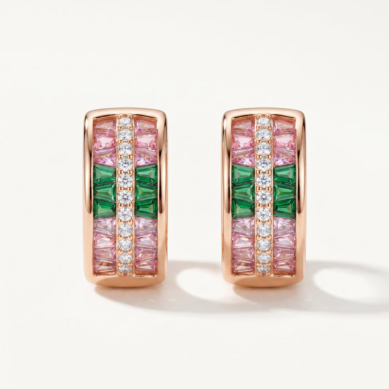 Rose Gold Pink & Green Baguette Huggie Earrings