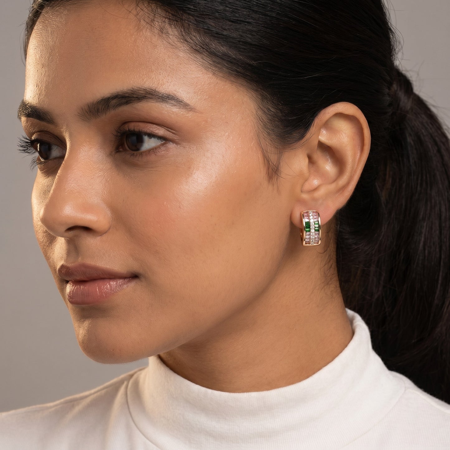 Rose Gold Pink & Green Baguette Huggie Earrings