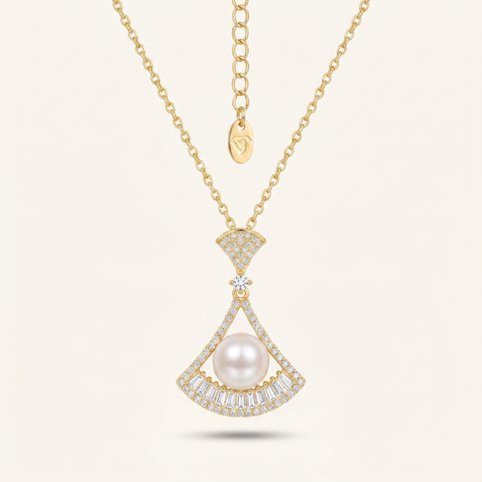 Pearl Art-Deco Fan Gold Necklace