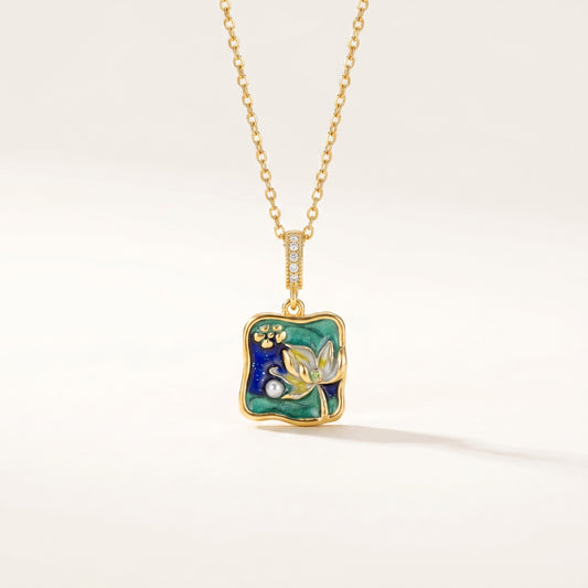 Enamel Lotus Pond Pendant Necklace