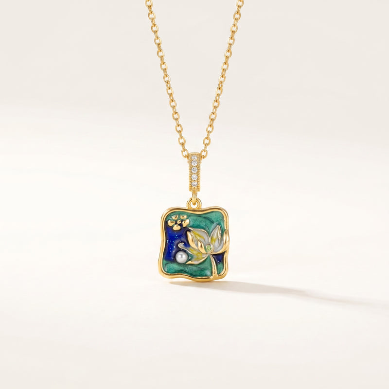 Enamel Lotus Pond Pendant Necklace
