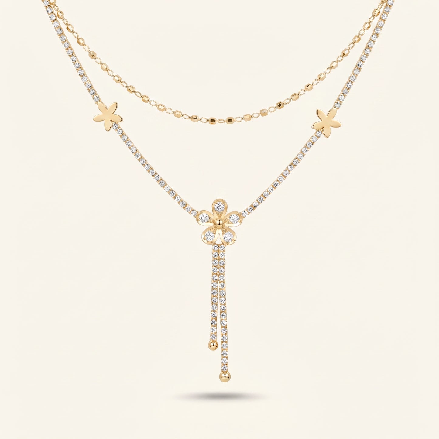 Floral CZ Layered Drop Necklace