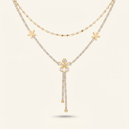 Floral CZ Layered Drop Necklace