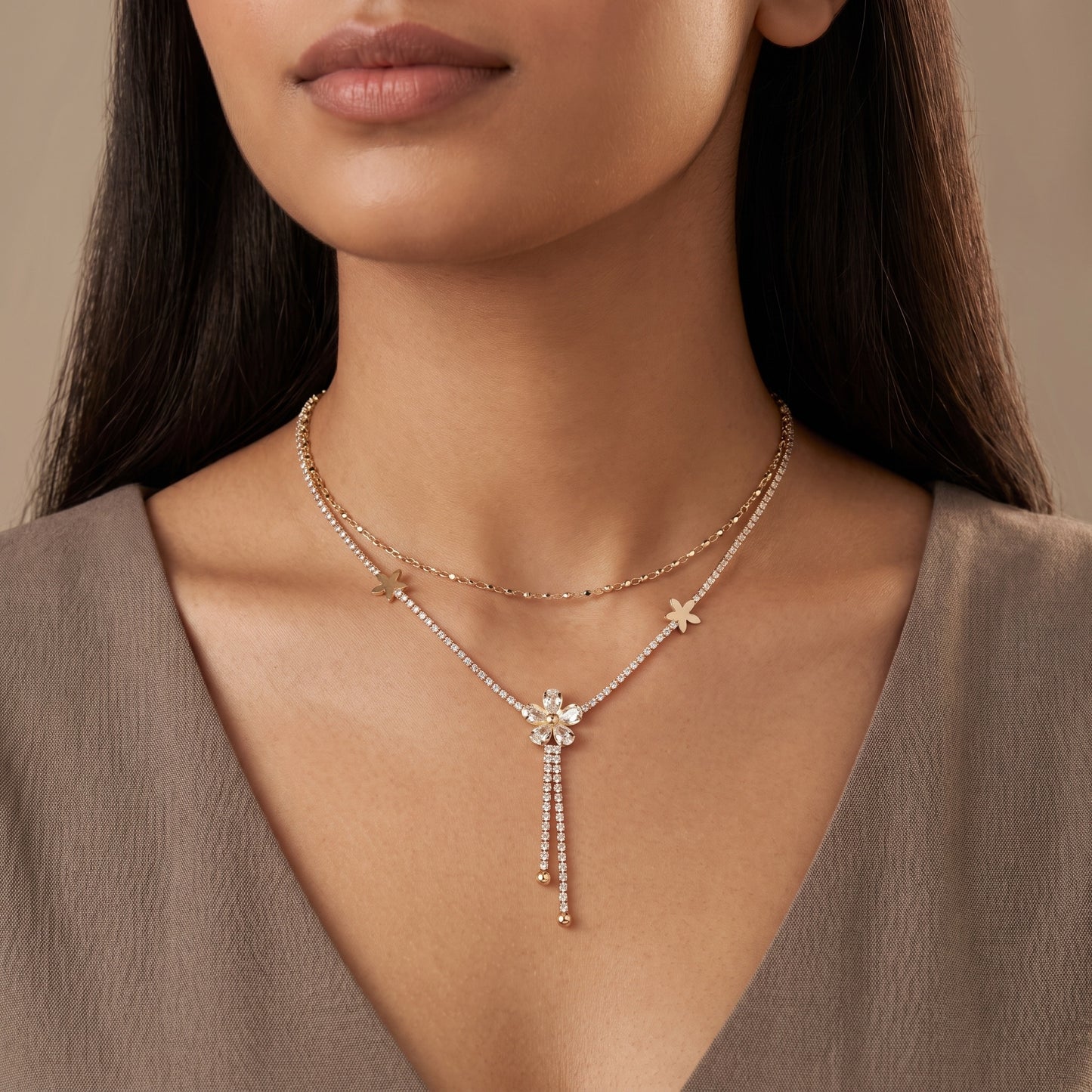 Floral CZ Layered Drop Necklace