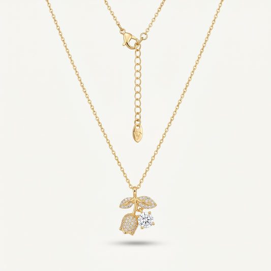 Tulip Flower & CZ Solitaire Necklace