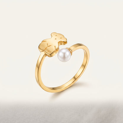 Teddy Bear & Pearl Open Ring
