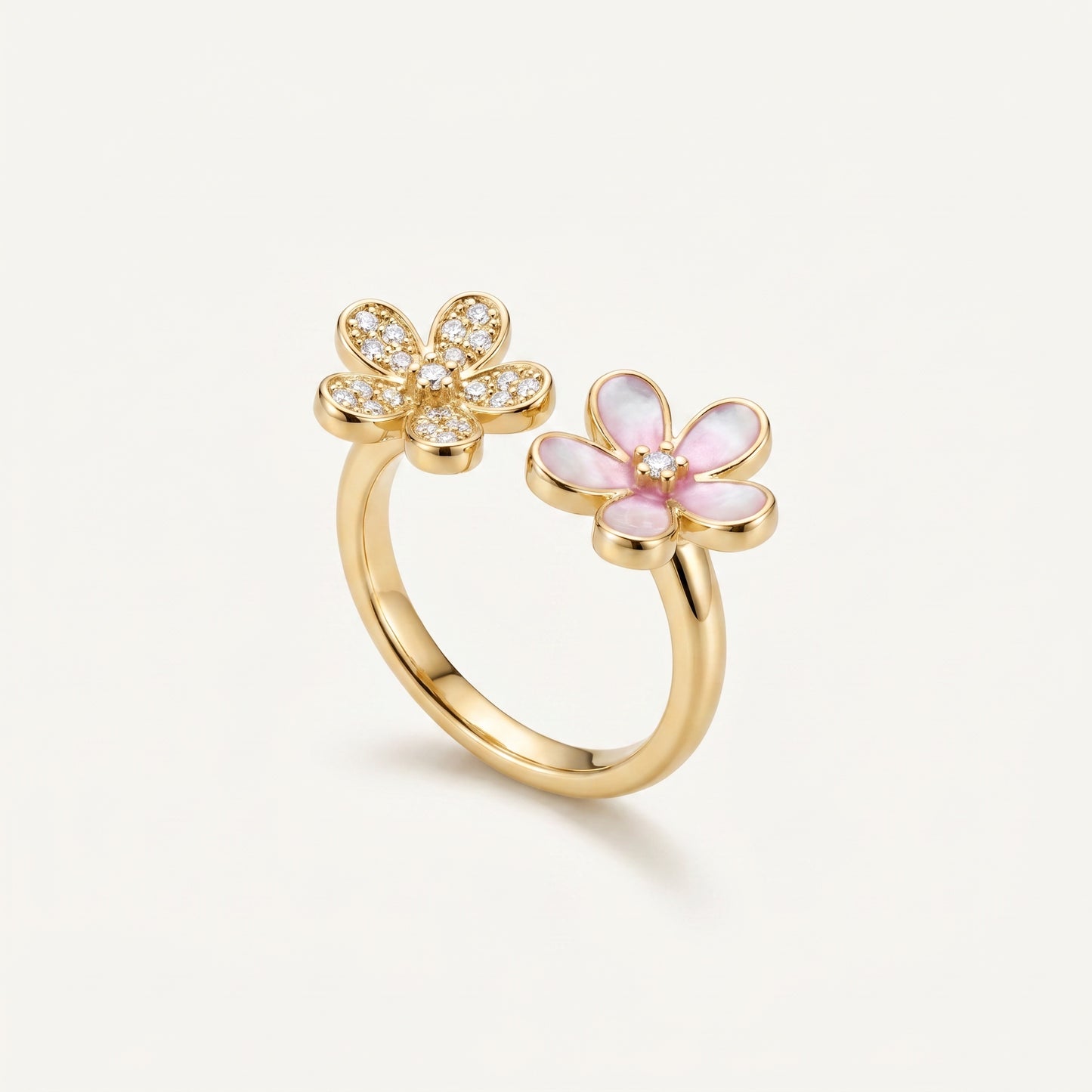 Twin Flower CZ & Pink Pearl Open Ring