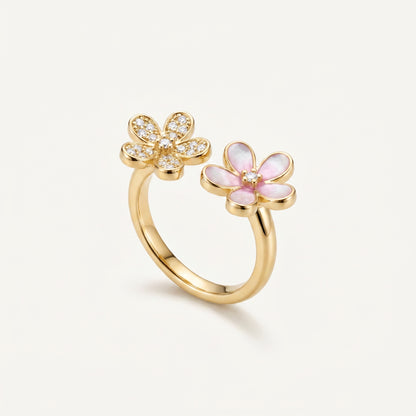 Twin Flower CZ & Pink Pearl Open Ring