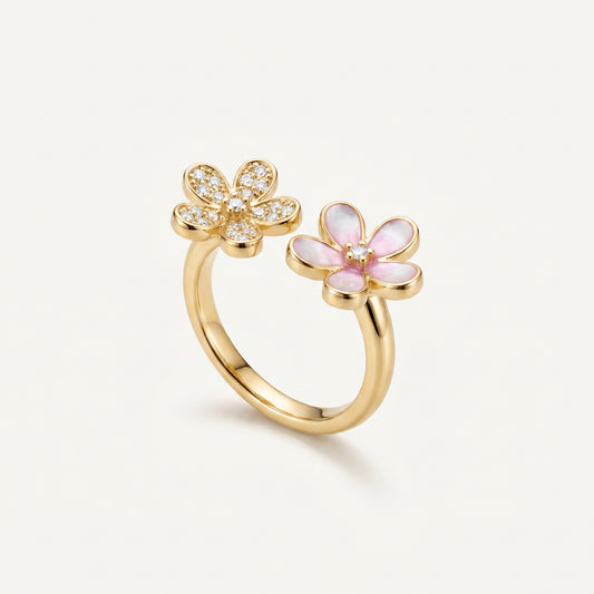 Twin Flower CZ & Pink Pearl Open Ring