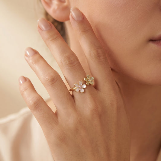 Twin Flower CZ & Pink Pearl Open Ring